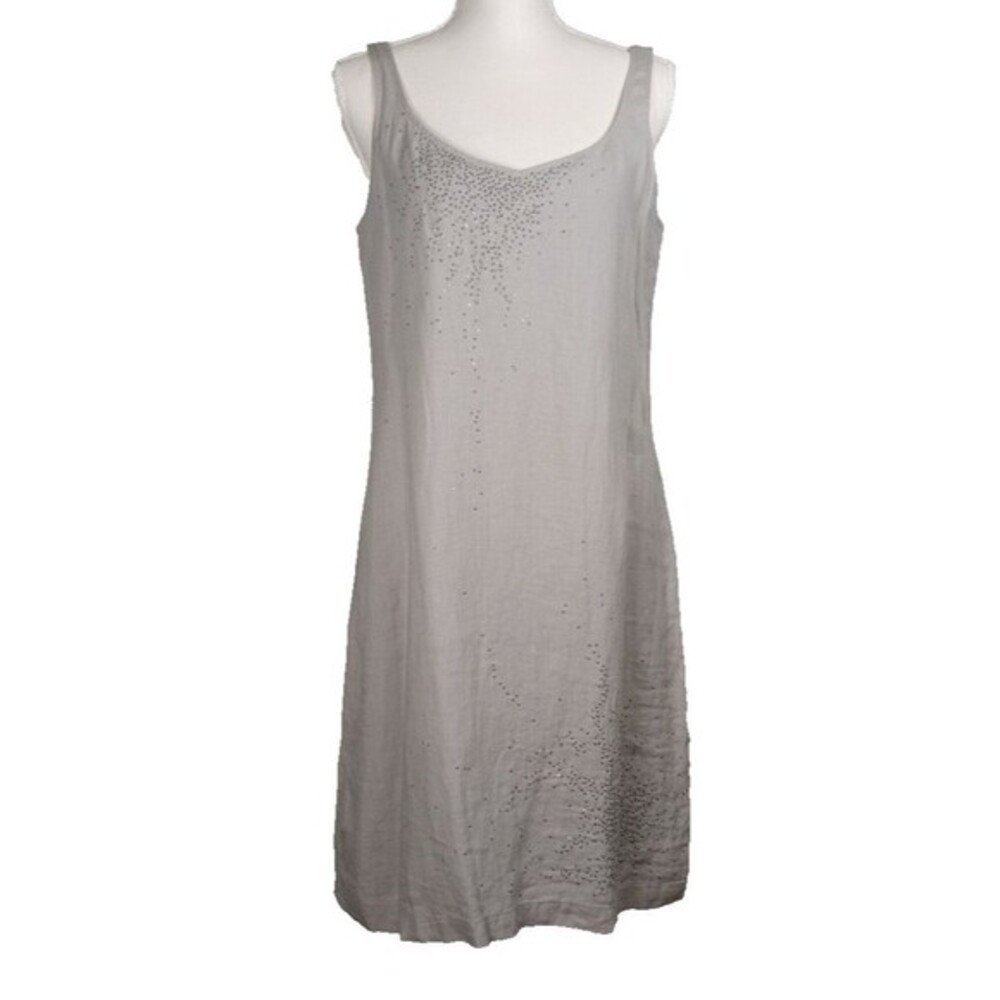 Eileen Fisher Irish Linen‎ Dress 10 Gray Shift Pullover Metal Sequins Lagenlook